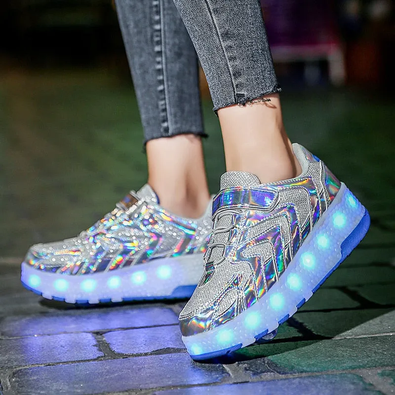 Wheels Sneakers Kids Boys USB Charged Growing LED Roller Skate Shoes for Children Girls Double Wheels Shoes