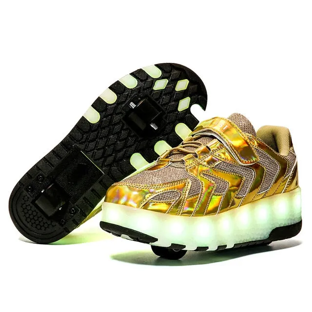 Wheels Sneakers Kids Boys USB Charged Growing LED Roller Skate Shoes for Children Girls Double Wheels Shoes