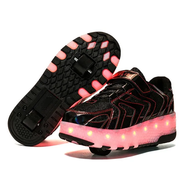 Wheels Sneakers Kids Boys USB Charged Growing LED Roller Skate Shoes for Children Girls Double Wheels Shoes
