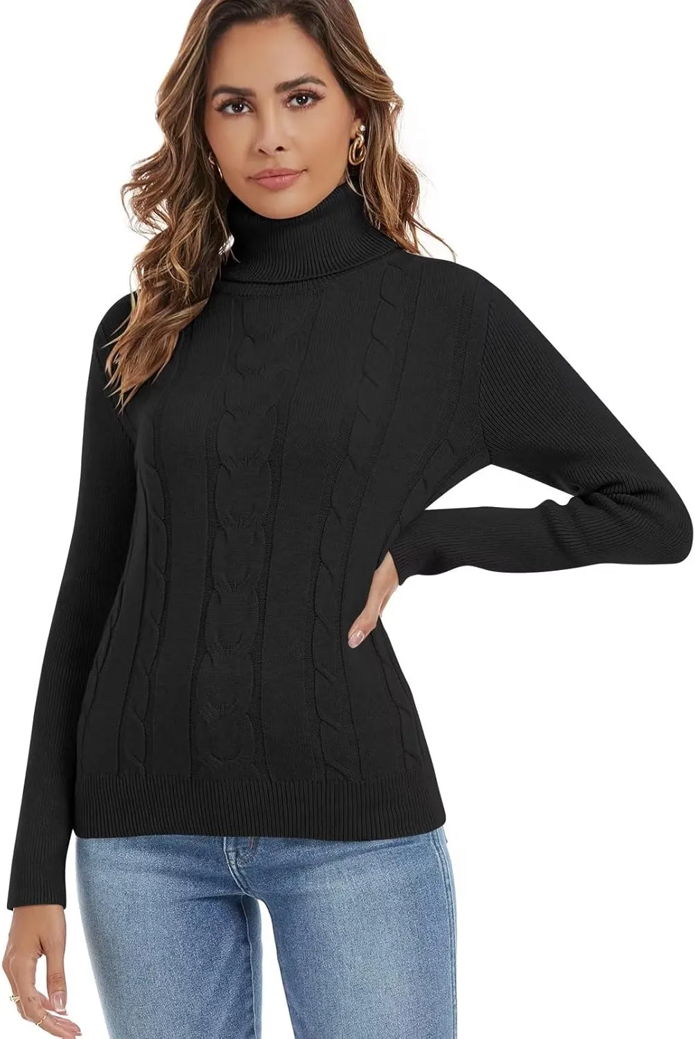 Wkior Women's Long Sleeve Turtleneck Cozy Knit Sweater Casual Loose Fashion Pullover Jumper Tops
