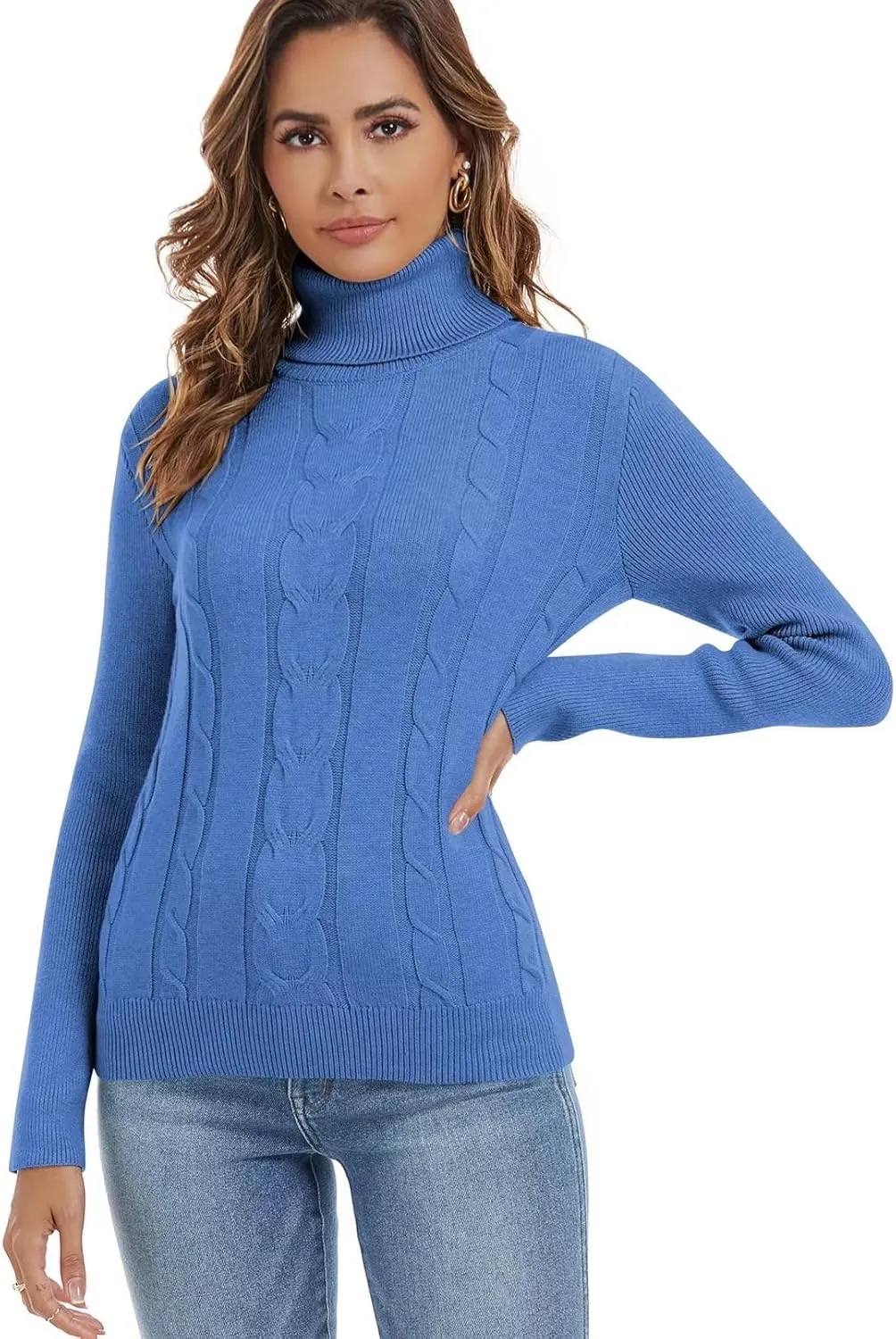 Wkior Women's Long Sleeve Turtleneck Cozy Knit Sweater Casual Loose Fashion Pullover Jumper Tops