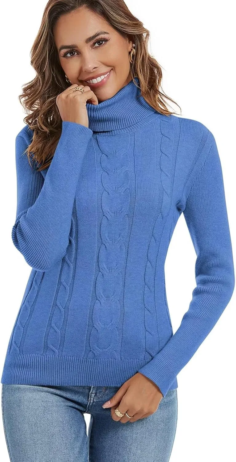 Wkior Women's Long Sleeve Turtleneck Cozy Knit Sweater Casual Loose Fashion Pullover Jumper Tops