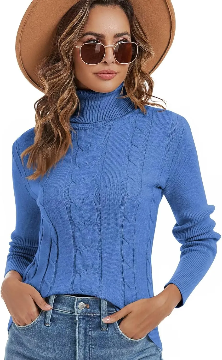 Wkior Women's Long Sleeve Turtleneck Cozy Knit Sweater Casual Loose Fashion Pullover Jumper Tops