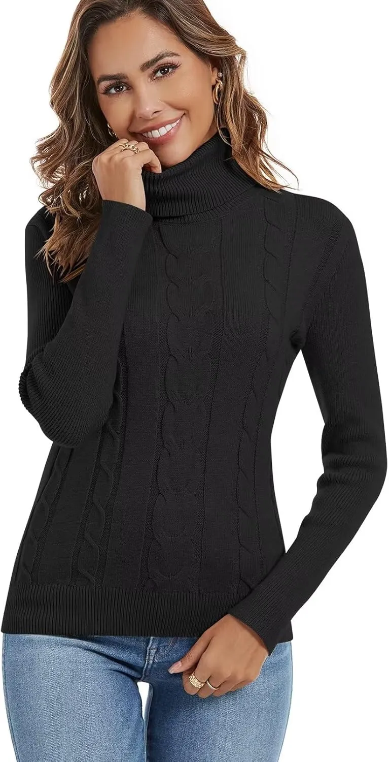 Wkior Women's Long Sleeve Turtleneck Cozy Knit Sweater Casual Loose Fashion Pullover Jumper Tops