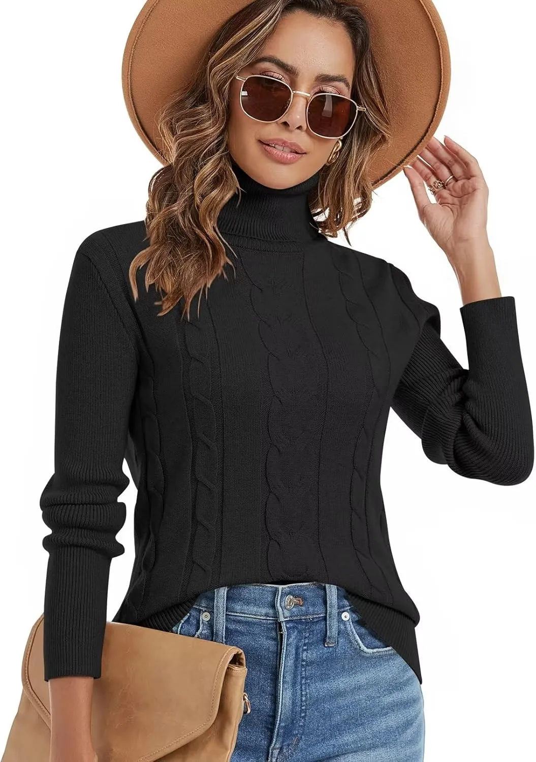 Wkior Women's Long Sleeve Turtleneck Cozy Knit Sweater Casual Loose Fashion Pullover Jumper Tops