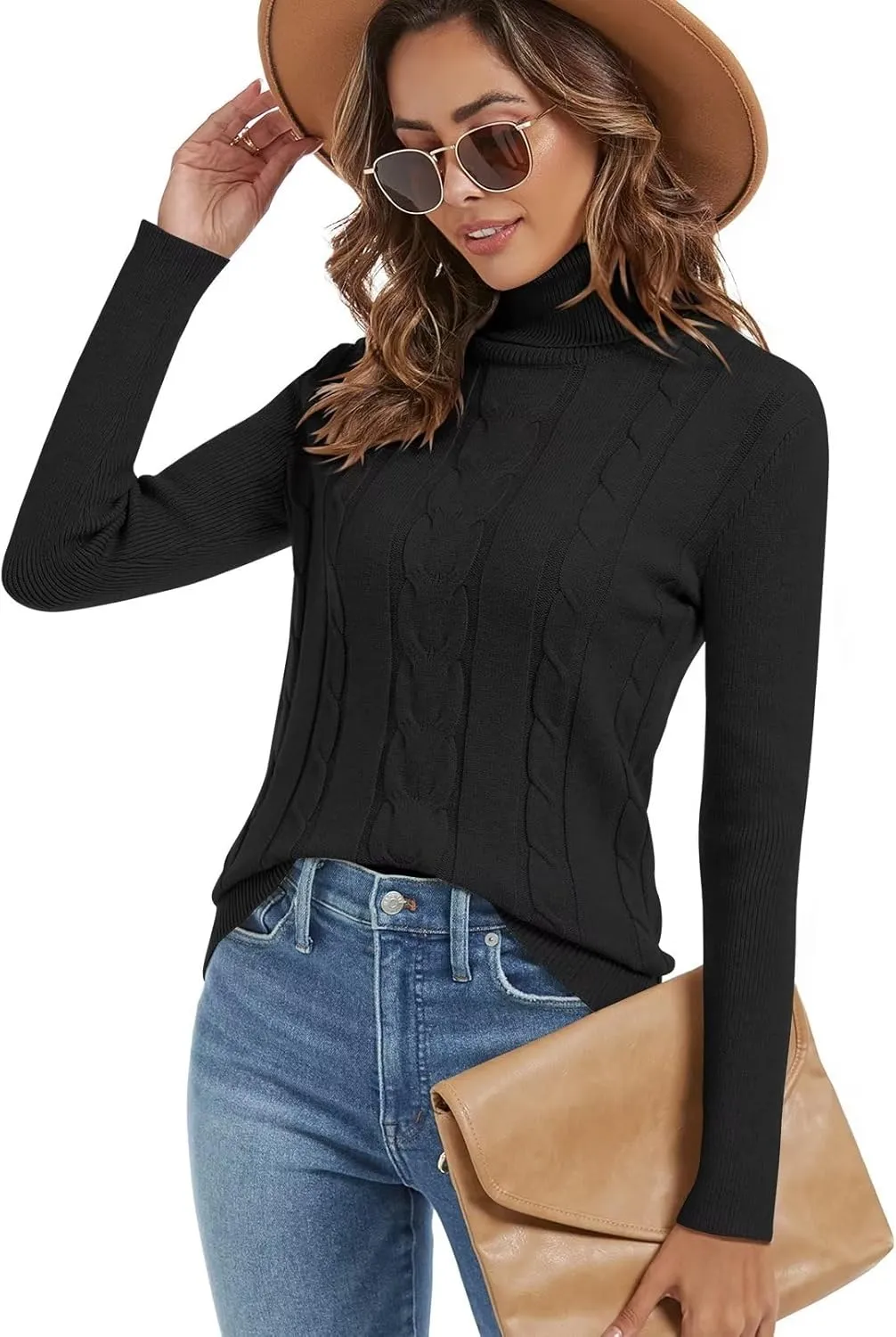 Wkior Women's Long Sleeve Turtleneck Cozy Knit Sweater Casual Loose Fashion Pullover Jumper Tops