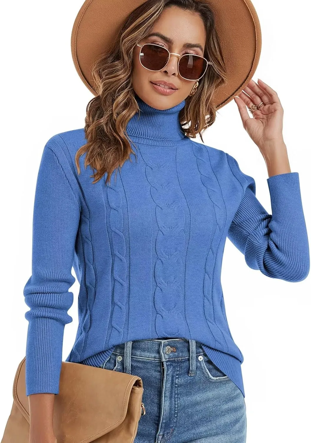 Wkior Women's Long Sleeve Turtleneck Cozy Knit Sweater Casual Loose Fashion Pullover Jumper Tops