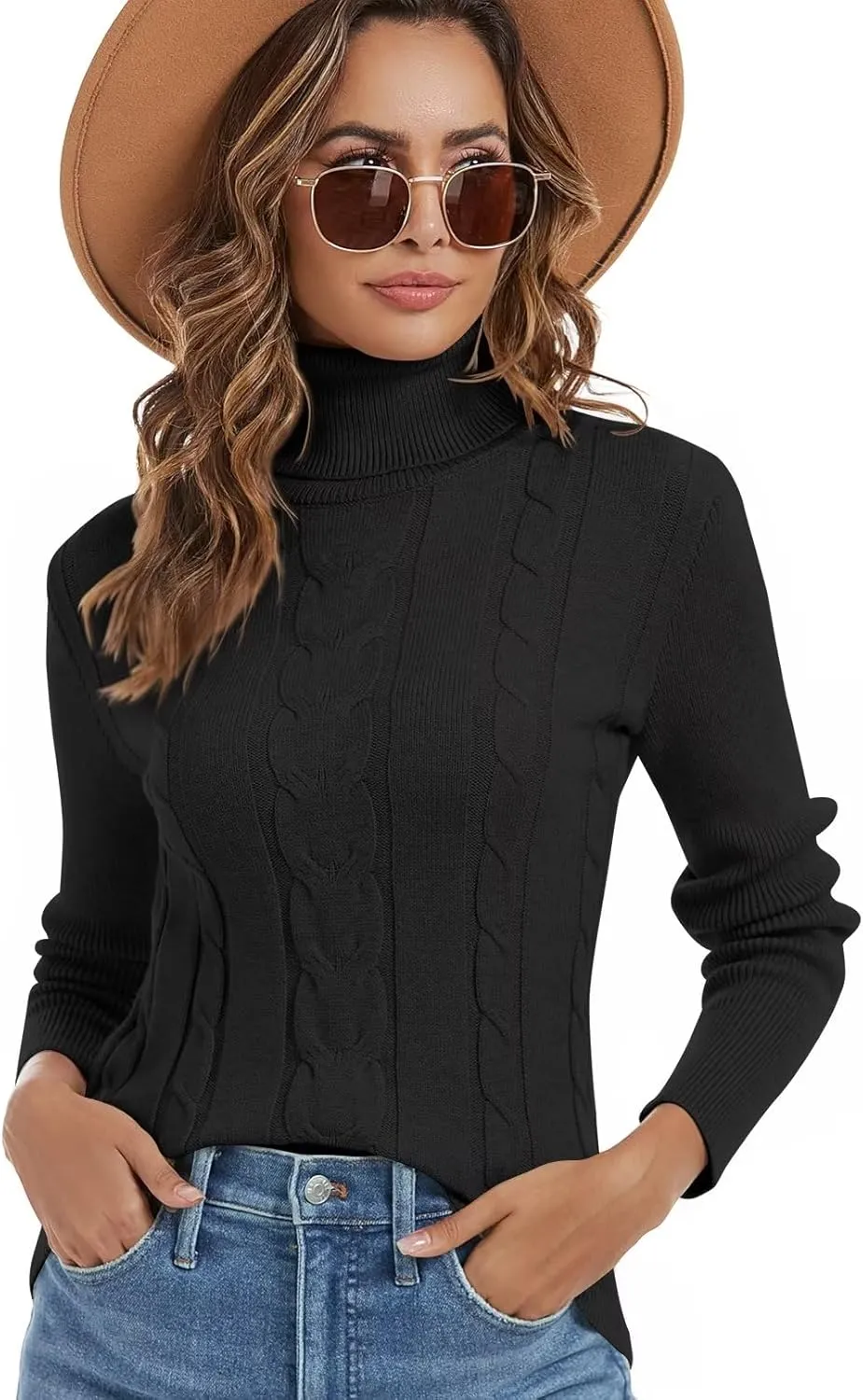 Wkior Women's Long Sleeve Turtleneck Cozy Knit Sweater Casual Loose Fashion Pullover Jumper Tops