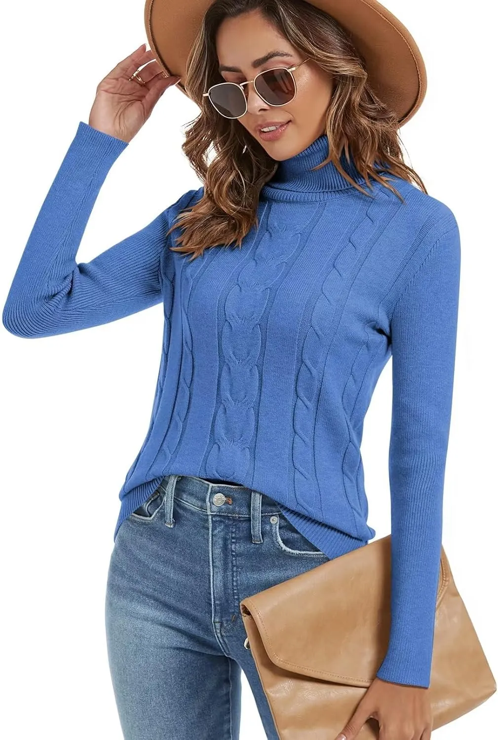 Wkior Women's Long Sleeve Turtleneck Cozy Knit Sweater Casual Loose Fashion Pullover Jumper Tops