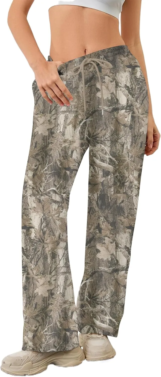 Women Baggy Camo Pants Wide Leg High Waist Drawstring Camouflage Sweatpants Fleece Jogger Pants with Pockets