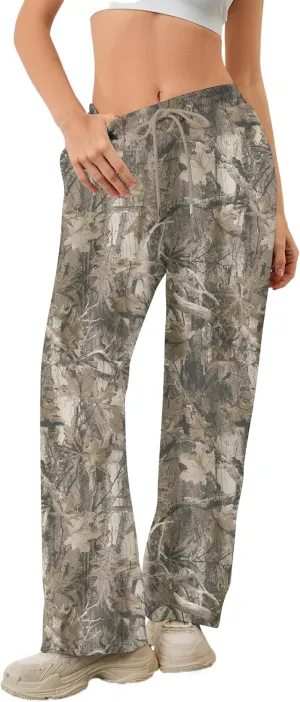 Women Baggy Camo Pants Wide Leg High Waist Drawstring Camouflage Sweatpants Fleece Jogger Pants with Pockets