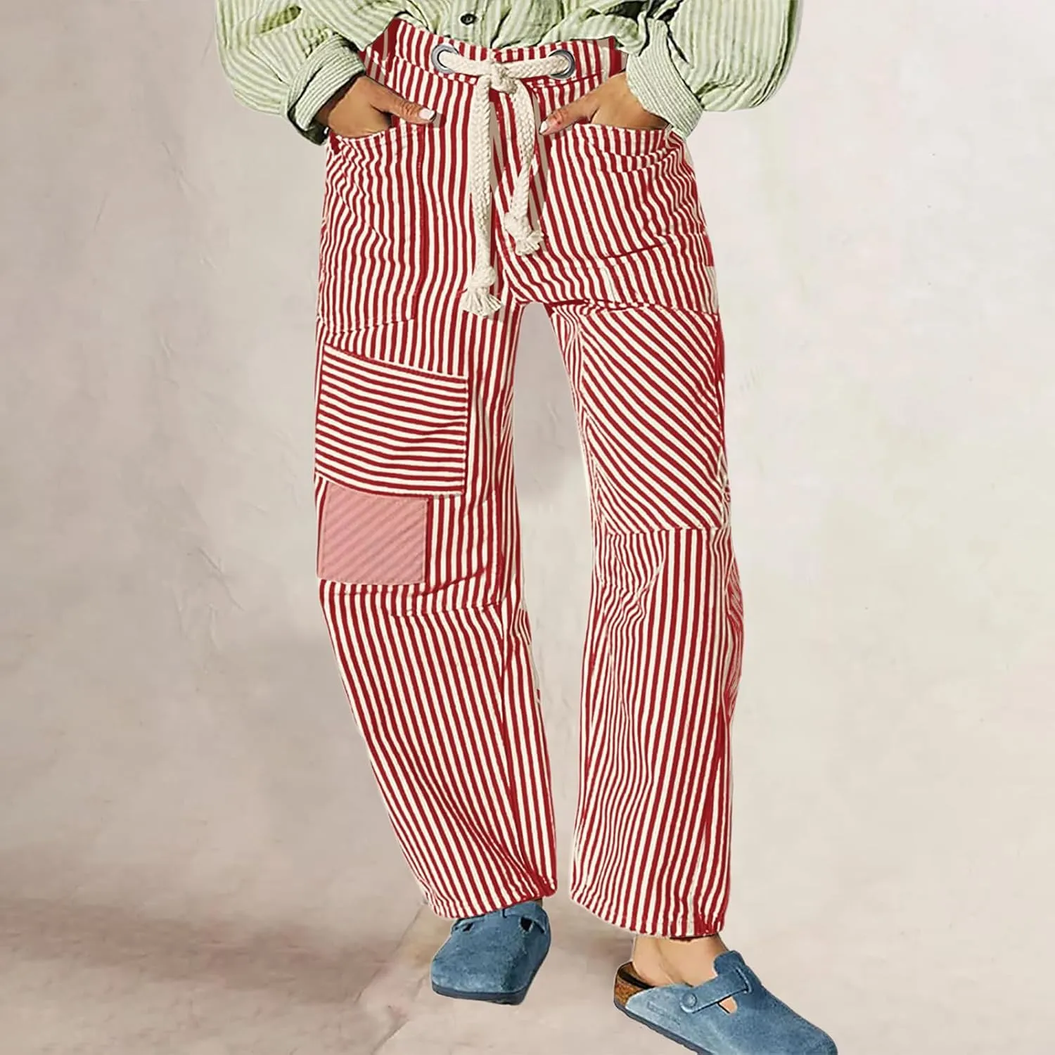 Women Baggy Striped Palazzo Pants Drawstring Patchwork Wide Leg Trousers Loose Elastic Waist Longs with Pockets
