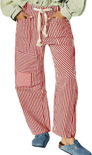 Women Baggy Striped Palazzo Pants Drawstring Patchwork Wide Leg Trousers Loose Elastic Waist Longs with Pockets