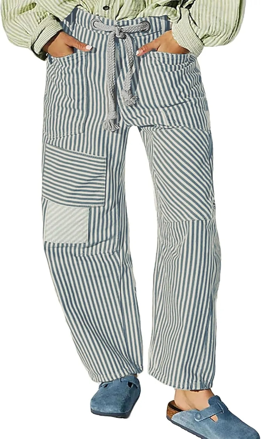 Women Baggy Striped Palazzo Pants Drawstring Patchwork Wide Leg Trousers Loose Elastic Waist Longs with Pockets