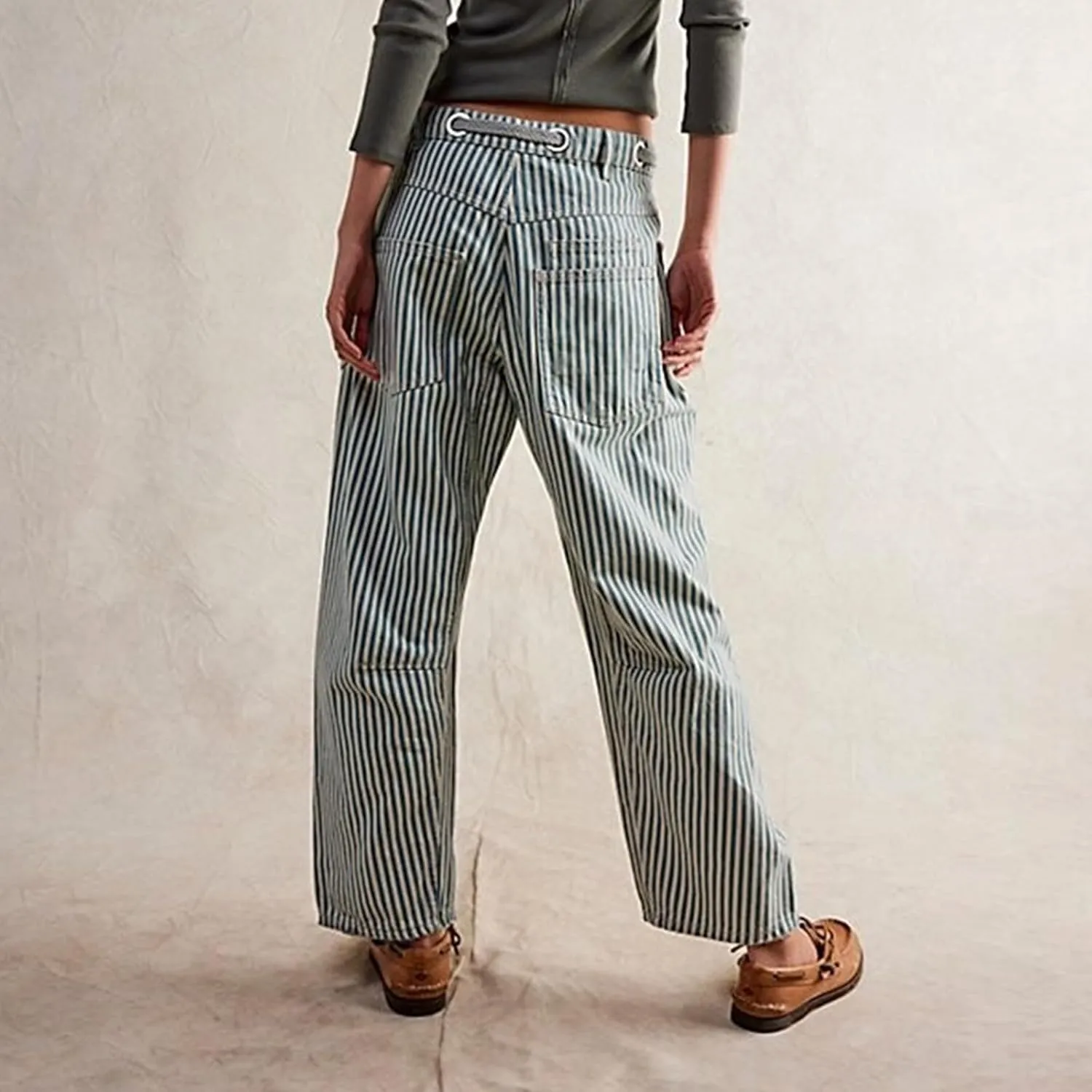 Women Baggy Striped Palazzo Pants Drawstring Patchwork Wide Leg Trousers Loose Elastic Waist Longs with Pockets