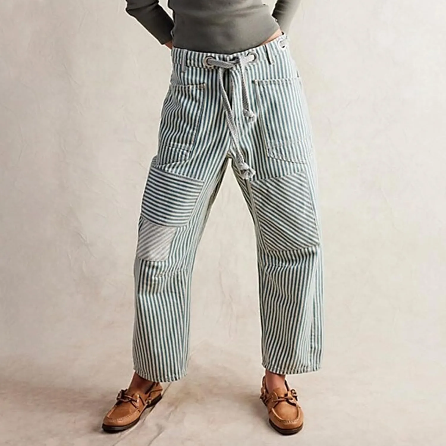Women Baggy Striped Palazzo Pants Drawstring Patchwork Wide Leg Trousers Loose Elastic Waist Longs with Pockets