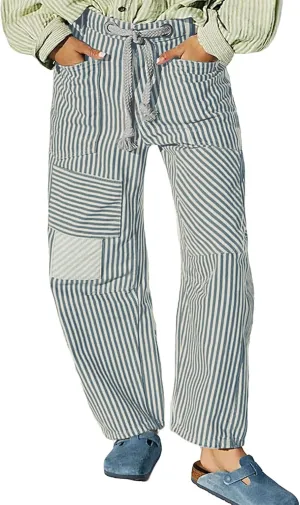 Women Baggy Striped Palazzo Pants Drawstring Patchwork Wide Leg Trousers Loose Elastic Waist Longs with Pockets