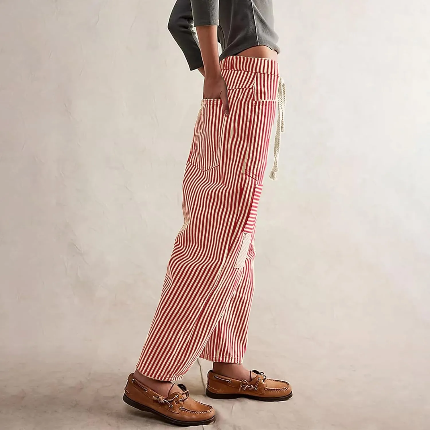 Women Baggy Striped Palazzo Pants Drawstring Patchwork Wide Leg Trousers Loose Elastic Waist Longs with Pockets