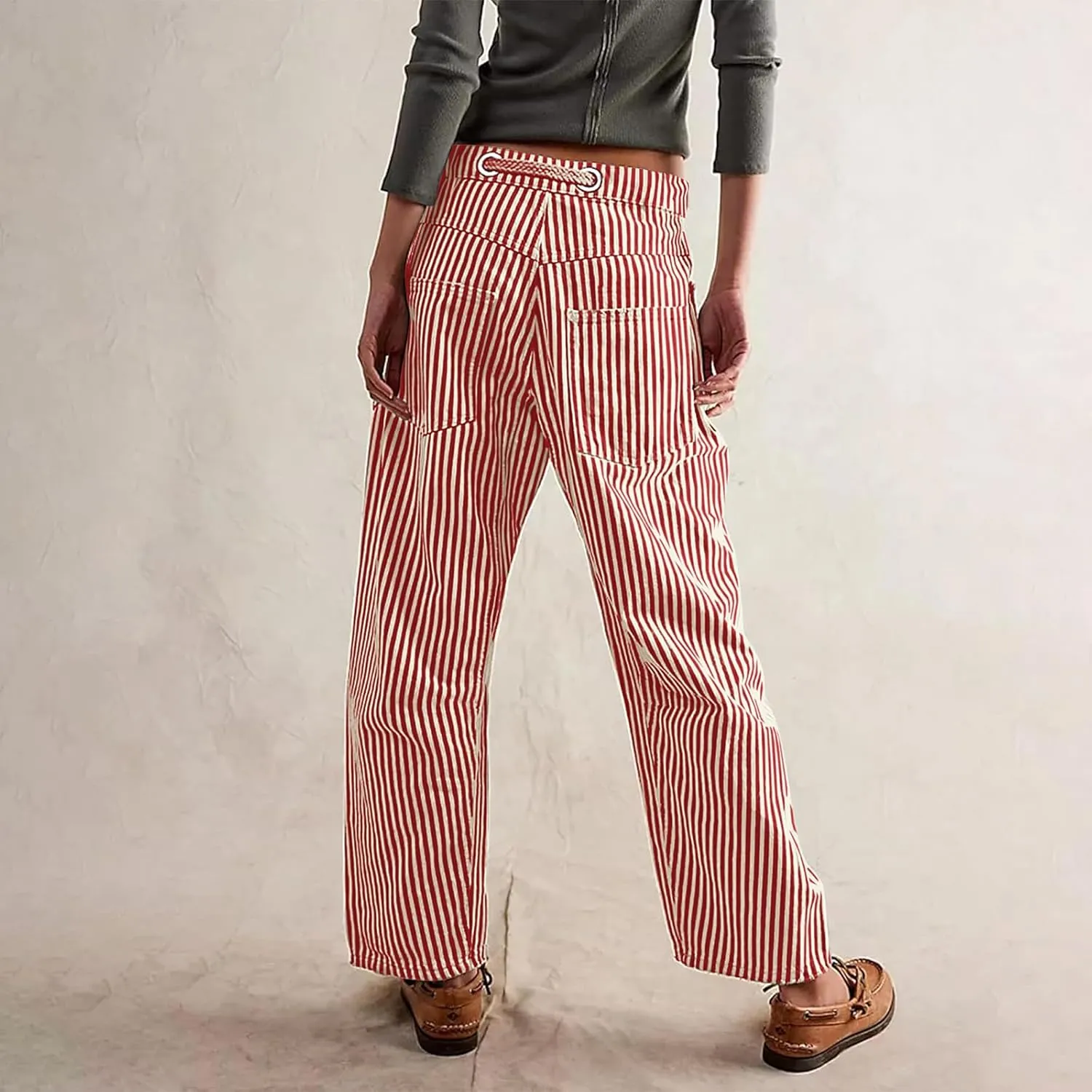 Women Baggy Striped Palazzo Pants Drawstring Patchwork Wide Leg Trousers Loose Elastic Waist Longs with Pockets