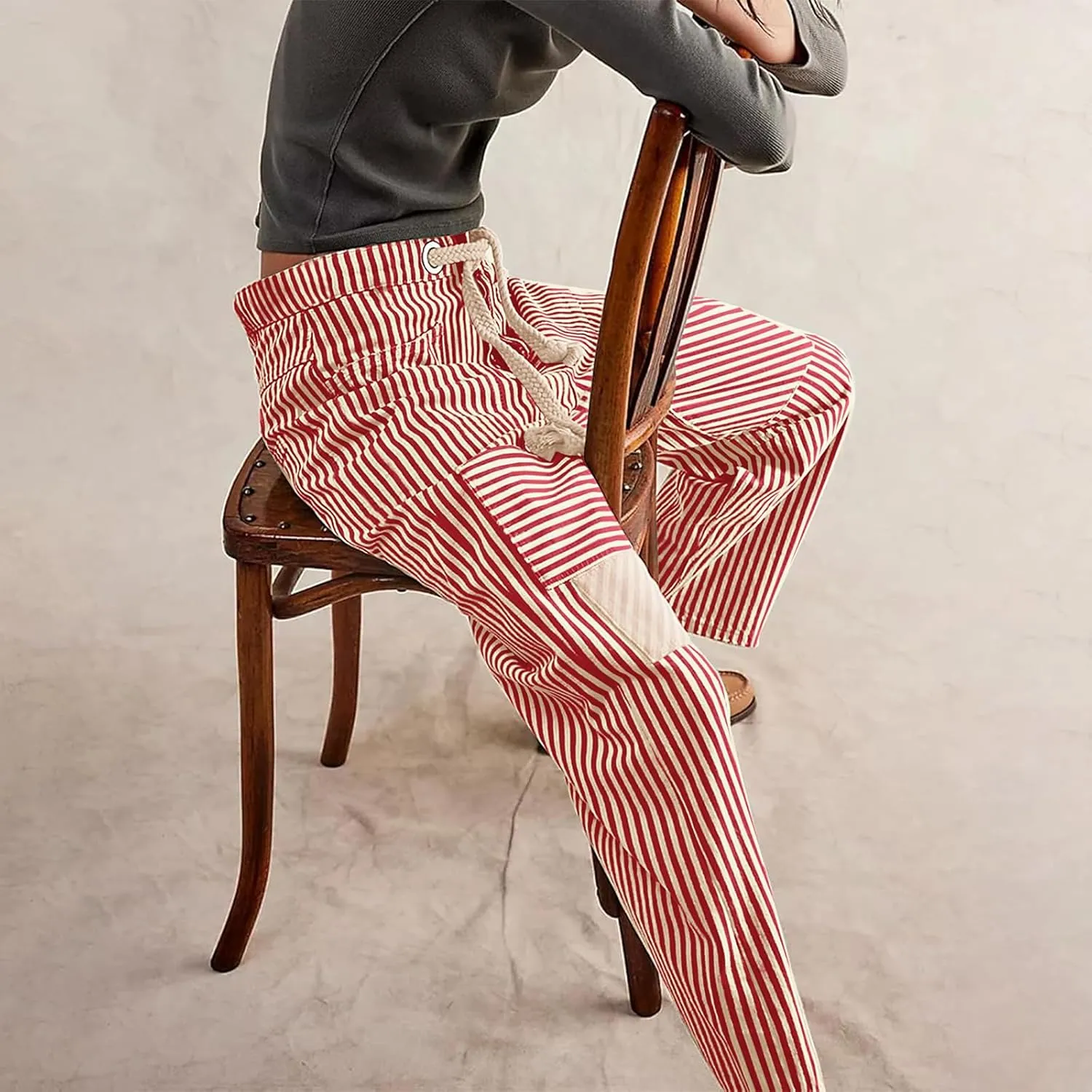 Women Baggy Striped Palazzo Pants Drawstring Patchwork Wide Leg Trousers Loose Elastic Waist Longs with Pockets