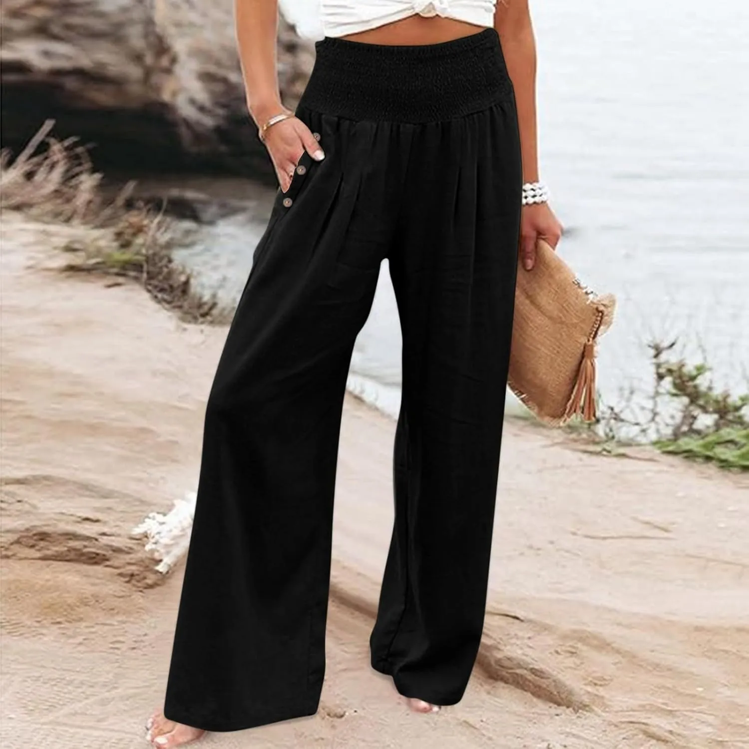 Women Beach Linen Pant Trendy Wide Leg Hawaiian Joggers Boho Flowy Trouser Office Work Relax Fit Palazzo Casual Pants