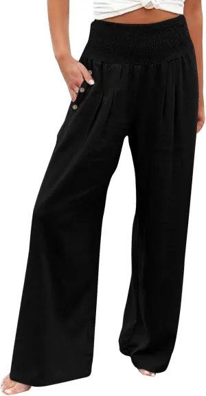 Women Beach Linen Pant Trendy Wide Leg Hawaiian Joggers Boho Flowy Trouser Office Work Relax Fit Palazzo Casual Pants