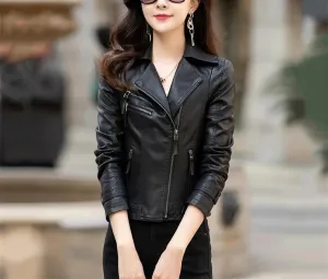 Women Biker Leather Jacket Spring Autumn Casual Fashion Turn-Down Collar Slim Short Coat Split Leather Moto Jacket
