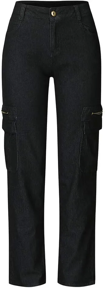 Women Cargo Jeans Street Hip Hop Y2K Multi-Pocket Palazzo Trendy Denim Pant Belt Button Zipper Casual Streetwear Pant
