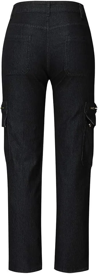 Women Cargo Jeans Street Hip Hop Y2K Multi-Pocket Palazzo Trendy Denim Pant Belt Button Zipper Casual Streetwear Pant