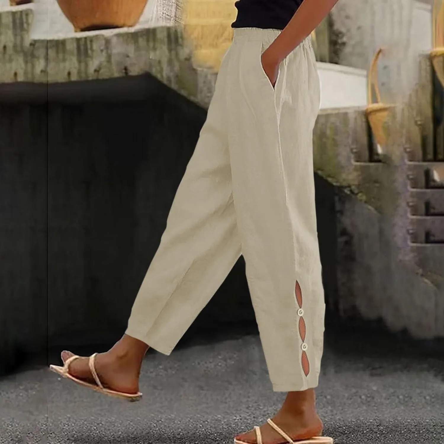 Women Casual Breathable Loose Fit Pants Trendy Summer Linen Trouser Plus Size Office Elegant Ankle-Length Casual Pant