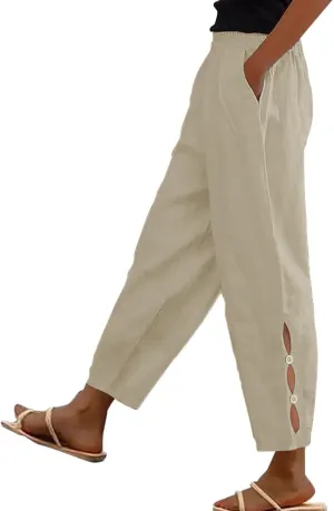 Women Casual Breathable Loose Fit Pants Trendy Summer Linen Trouser Plus Size Office Elegant Ankle-Length Casual Pant