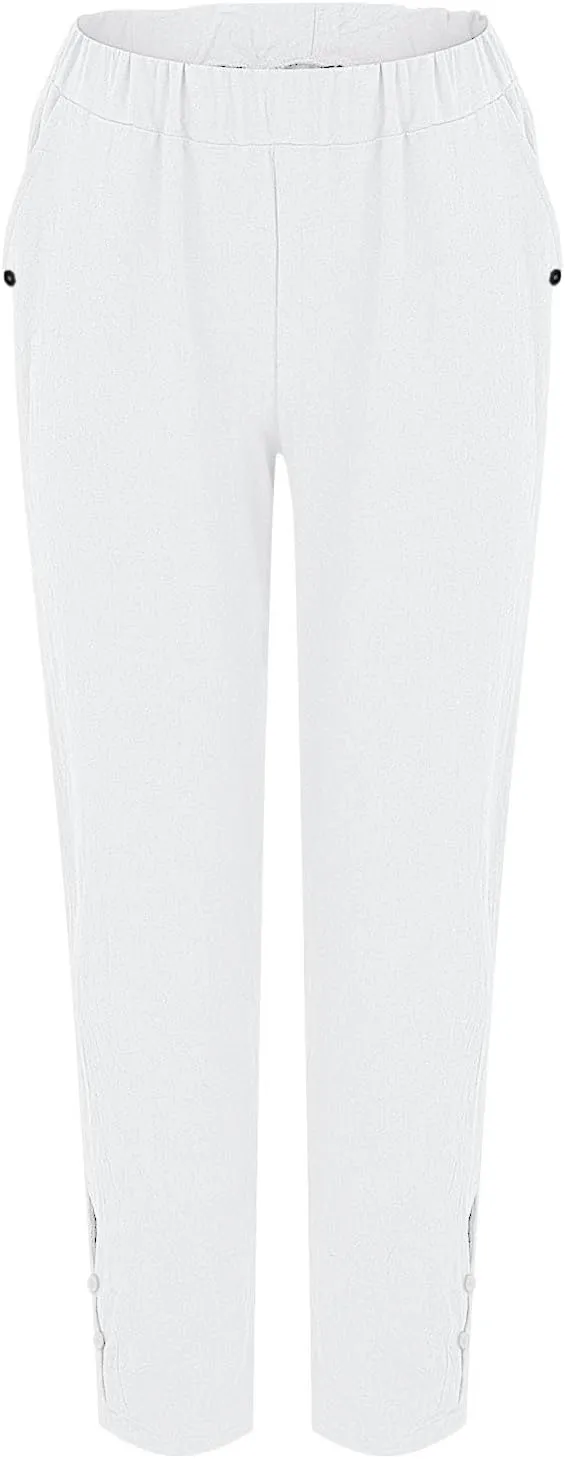 Women Casual Breathable Loose Fit Pants Trendy Summer Linen Trouser Plus Size Office Elegant Ankle-Length Casual Pant