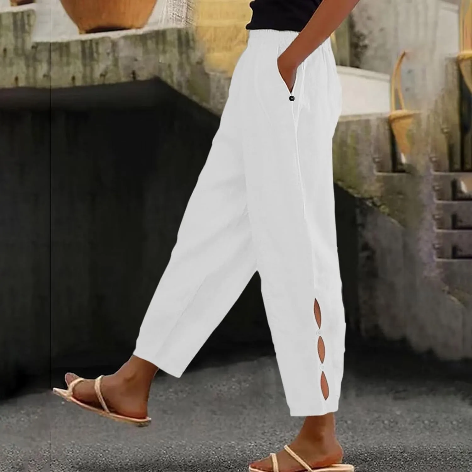 Women Casual Breathable Loose Fit Pants Trendy Summer Linen Trouser Plus Size Office Elegant Ankle-Length Casual Pant