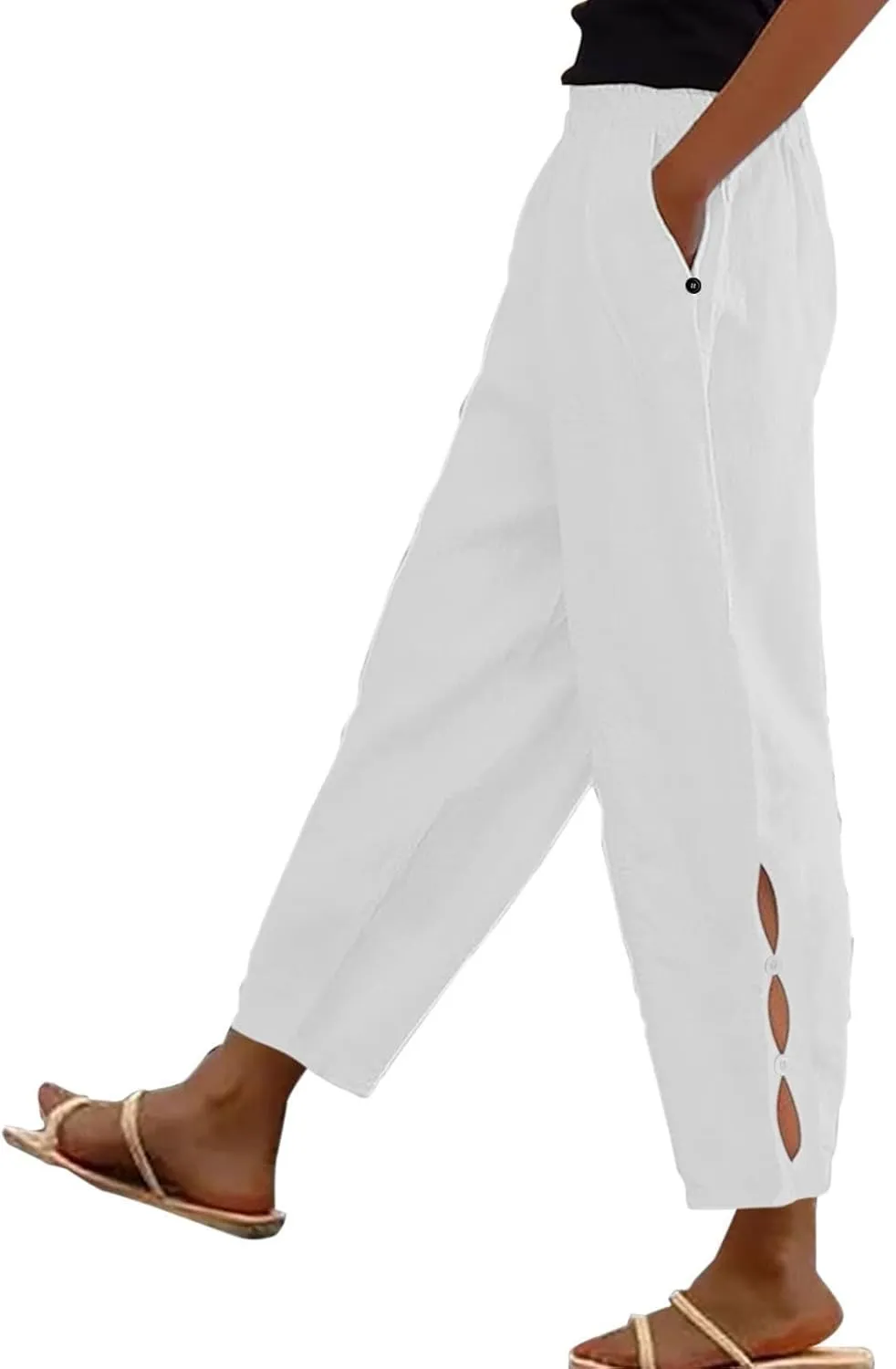 Women Casual Breathable Loose Fit Pants Trendy Summer Linen Trouser Plus Size Office Elegant Ankle-Length Casual Pant