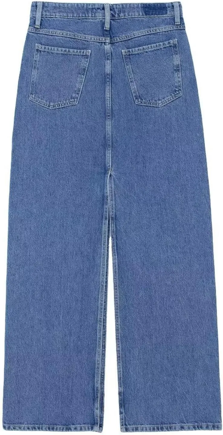 Women Casual High Waisted Denim Maxi Skirts Vintage Frayed Hem Split A-Line Long Jean Skirts with Pockets