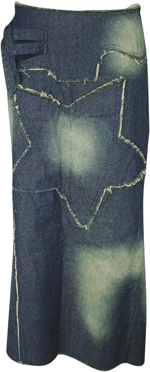 Women Casual High Waisted Denim Maxi Skirts Vintage Frayed Hem Split A-Line Long Jean Skirts with Pockets