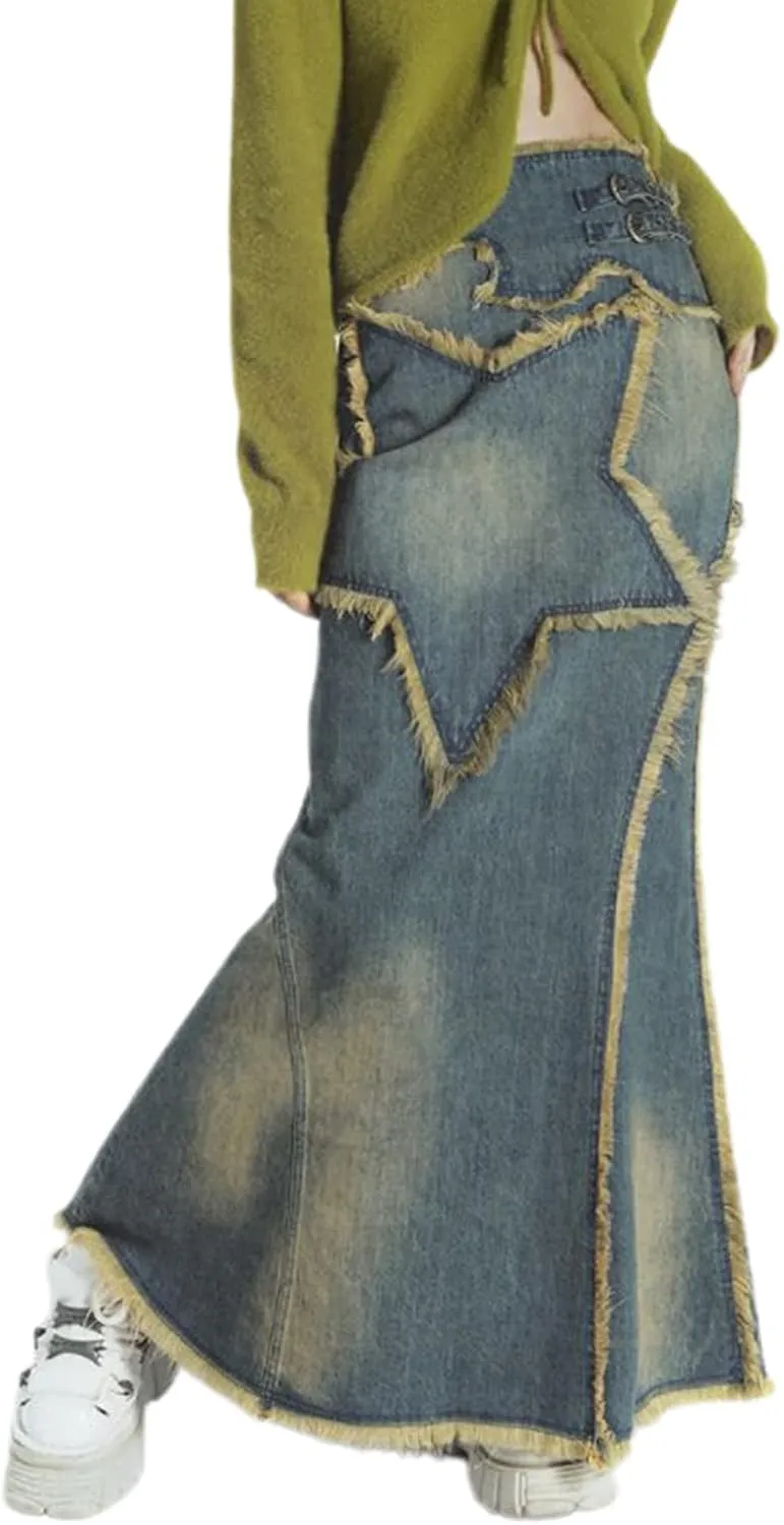 Women Casual High Waisted Denim Maxi Skirts Vintage Frayed Hem Split A-Line Long Jean Skirts with Pockets