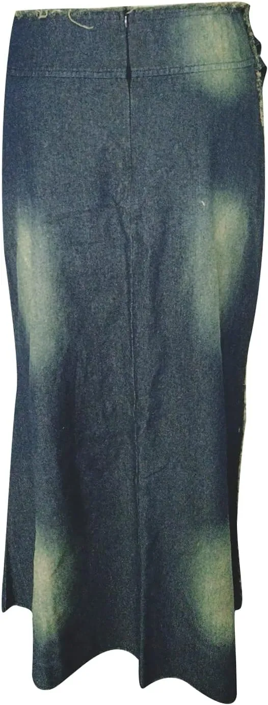 Women Casual High Waisted Denim Maxi Skirts Vintage Frayed Hem Split A-Line Long Jean Skirts with Pockets