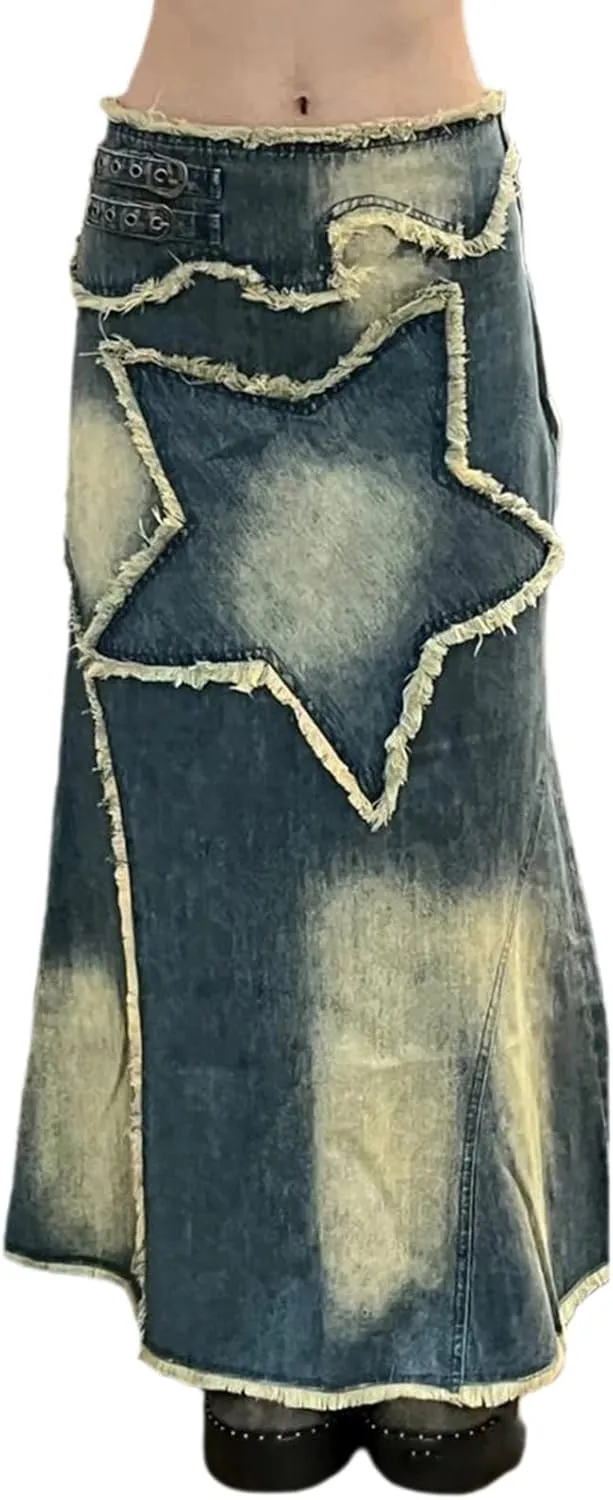 Women Casual High Waisted Denim Maxi Skirts Vintage Frayed Hem Split A-Line Long Jean Skirts with Pockets