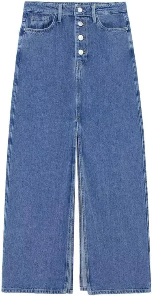 Women Casual High Waisted Denim Maxi Skirts Vintage Frayed Hem Split A-Line Long Jean Skirts with Pockets