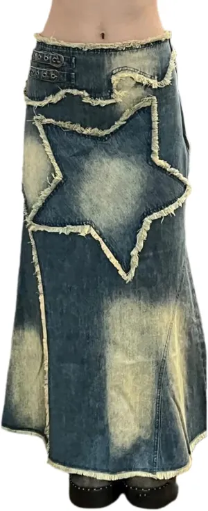 Women Casual High Waisted Denim Maxi Skirts Vintage Frayed Hem Split A-Line Long Jean Skirts with Pockets