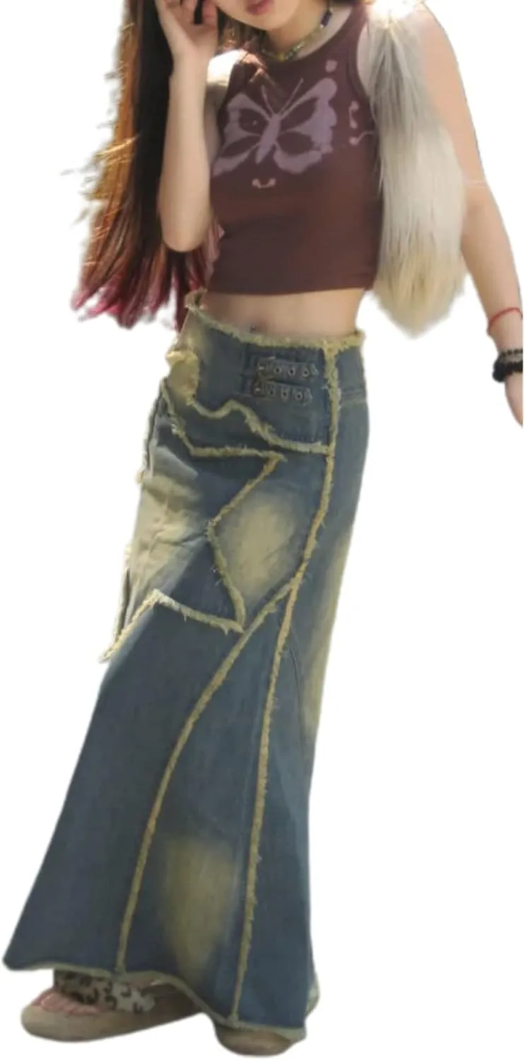 Women Casual High Waisted Denim Maxi Skirts Vintage Frayed Hem Split A-Line Long Jean Skirts with Pockets