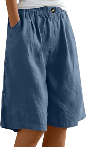 Women Casual Knee Length Linen Shorts Fashion High Waisted Cotton Linen Bermuda Shorts Straight Leg Work Casual Pants