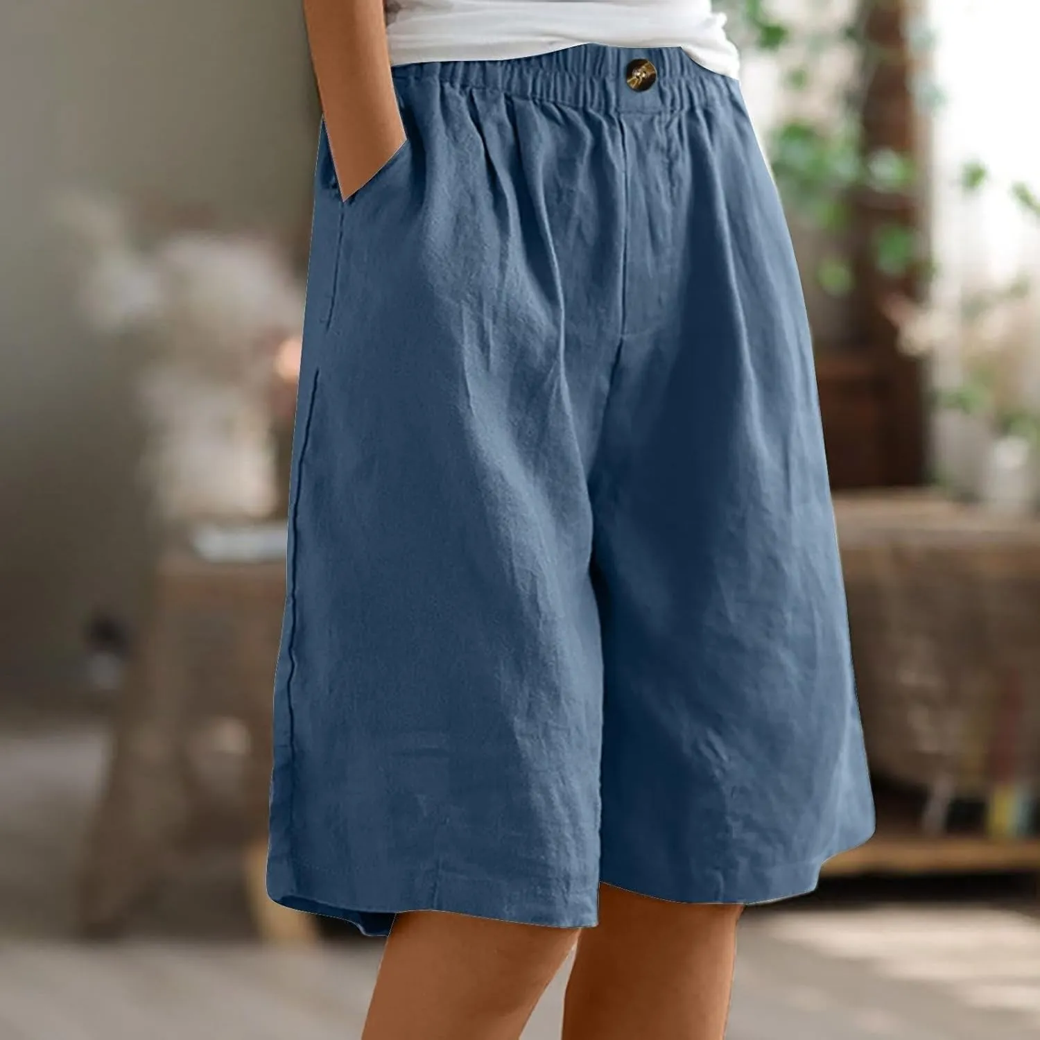 Women Casual Knee Length Linen Shorts Fashion High Waisted Cotton Linen Bermuda Shorts Straight Leg Work Casual Pants