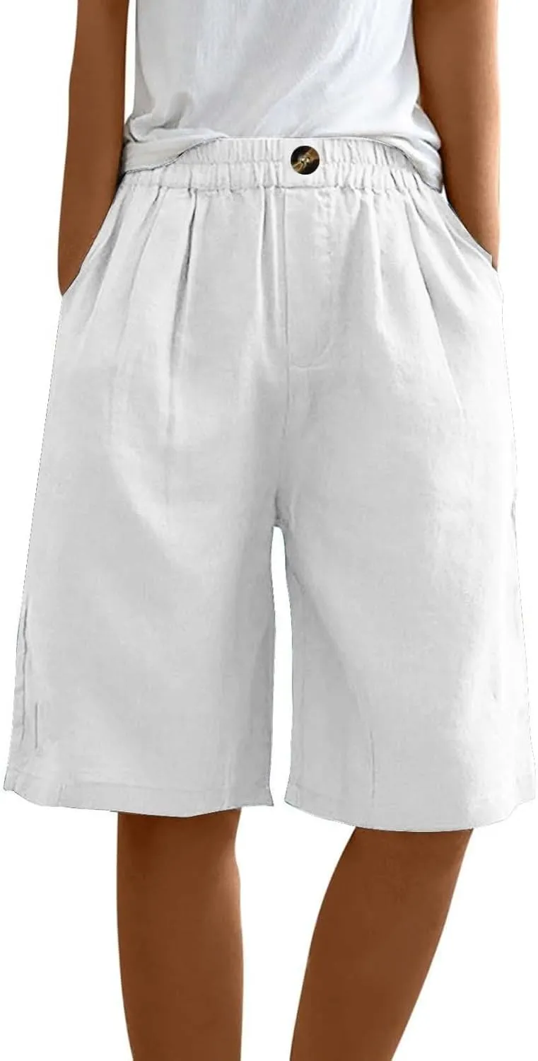 Women Casual Knee Length Linen Shorts Fashion High Waisted Cotton Linen Bermuda Shorts Straight Leg Work Casual Pants