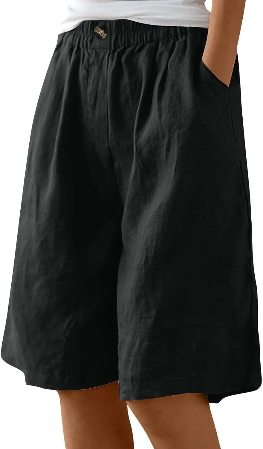 Women Casual Knee Length Linen Shorts Fashion High Waisted Cotton Linen Bermuda Shorts Straight Leg Work Casual Pants