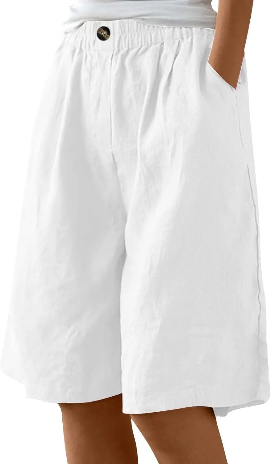 Women Casual Knee Length Linen Shorts Fashion High Waisted Cotton Linen Bermuda Shorts Straight Leg Work Casual Pants