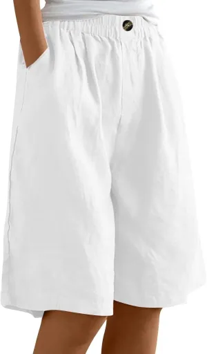 Women Casual Knee Length Linen Shorts Fashion High Waisted Cotton Linen Bermuda Shorts Straight Leg Work Casual Pants