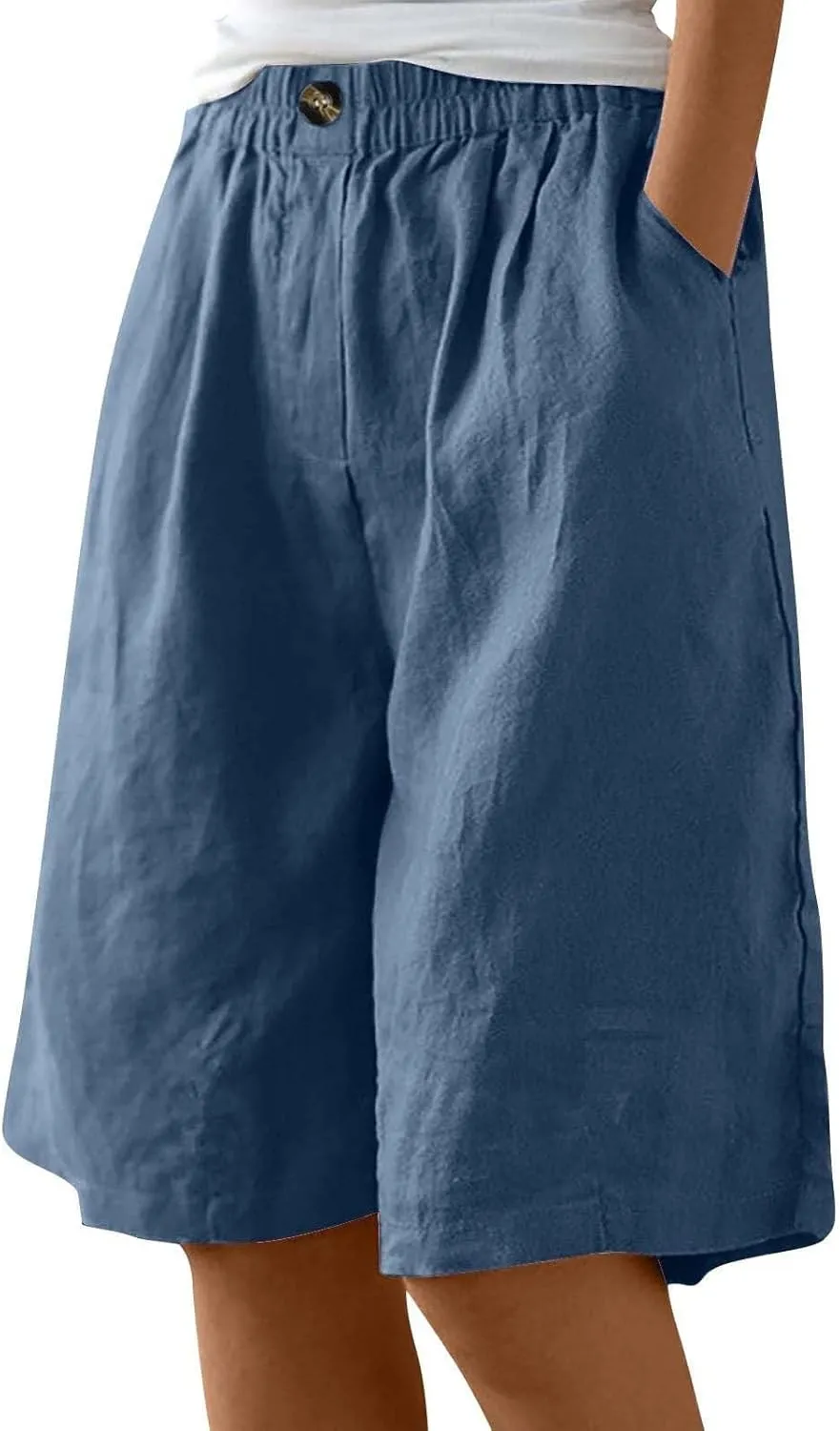 Women Casual Knee Length Linen Shorts Fashion High Waisted Cotton Linen Bermuda Shorts Straight Leg Work Casual Pants