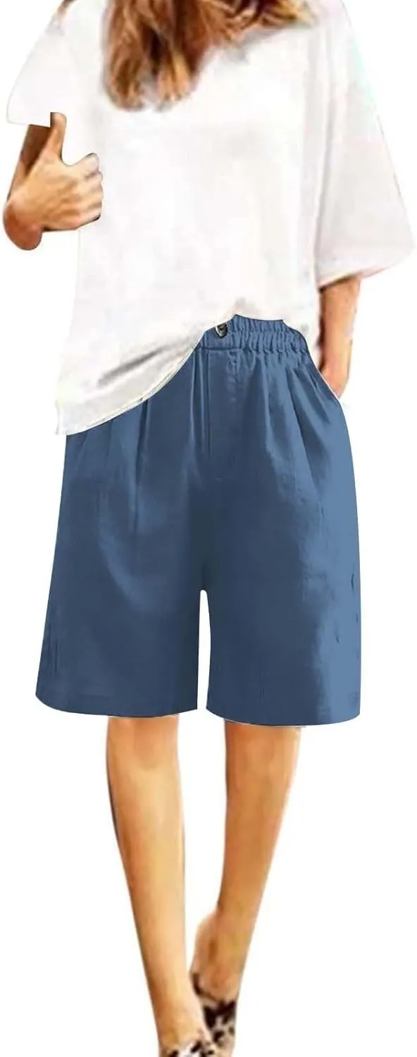 Women Casual Knee Length Linen Shorts Fashion High Waisted Cotton Linen Bermuda Shorts Straight Leg Work Casual Pants
